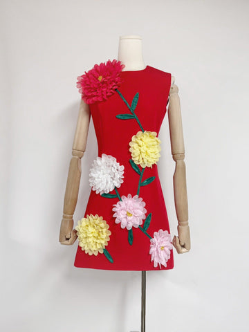 Fashion Niche Three-Dimensional Decorative Dress 2025 New Flower Slim Round Neckless Midsleeveless Mid-Dress